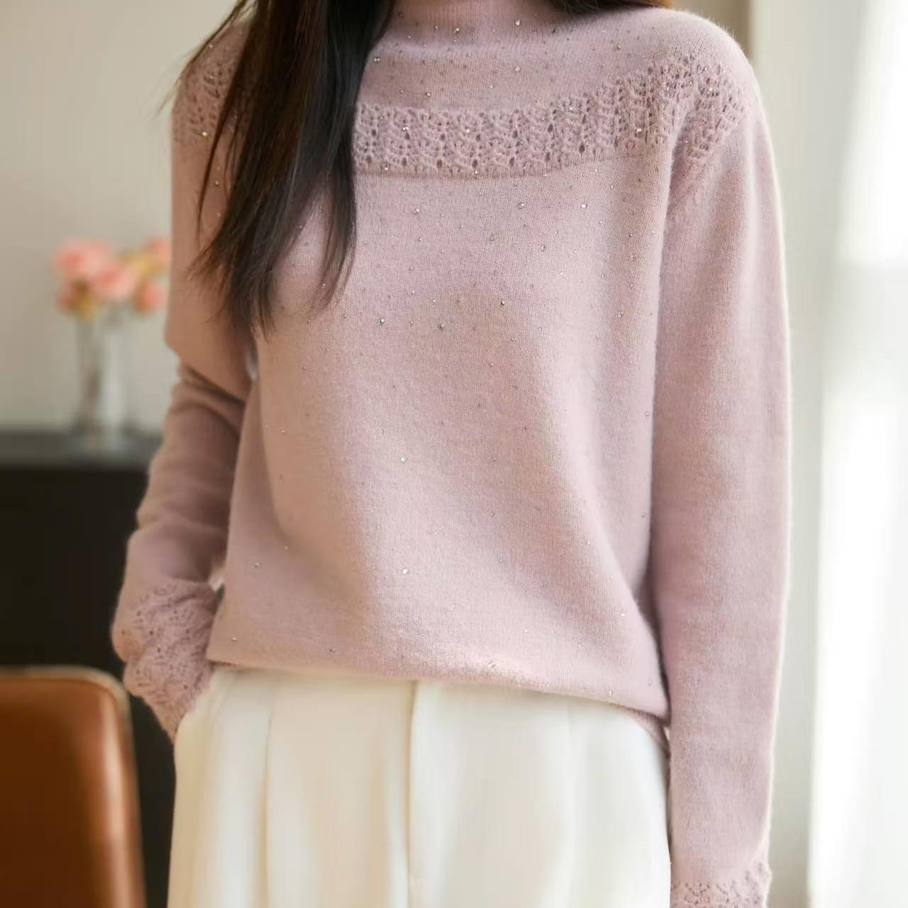 【满天星钩花粉】轻熟优雅风镶钻提花半高领加厚保暖打底洋气毛衣