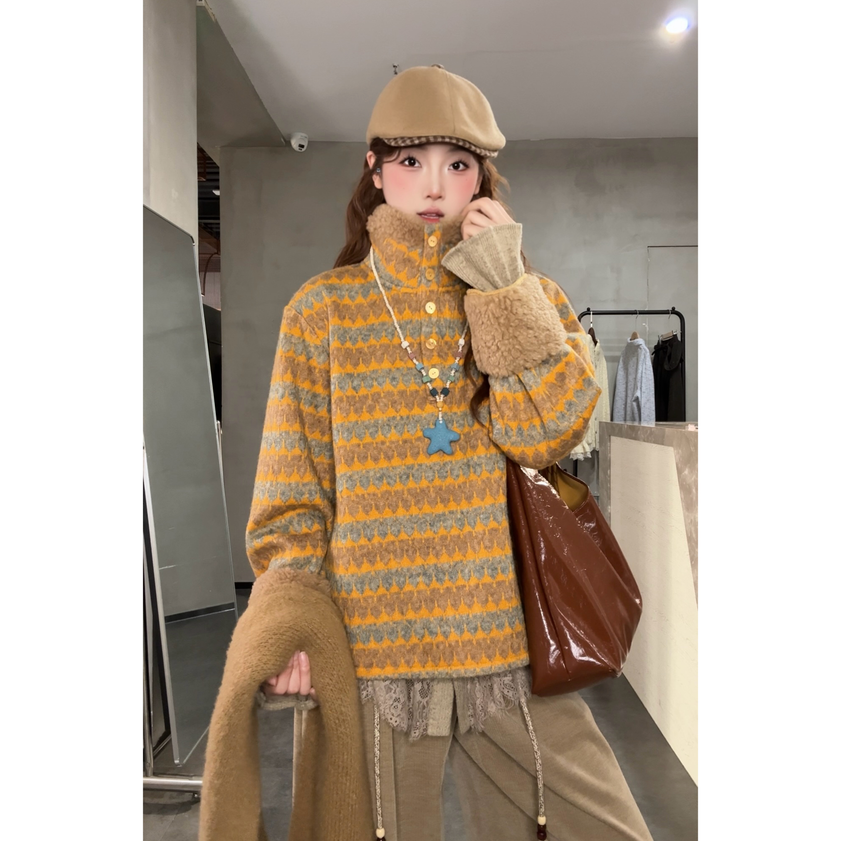 VGVL毛衣【稻香】秋冬加厚时尚慵懒感拼接毛毛宽松套头毛衣10361