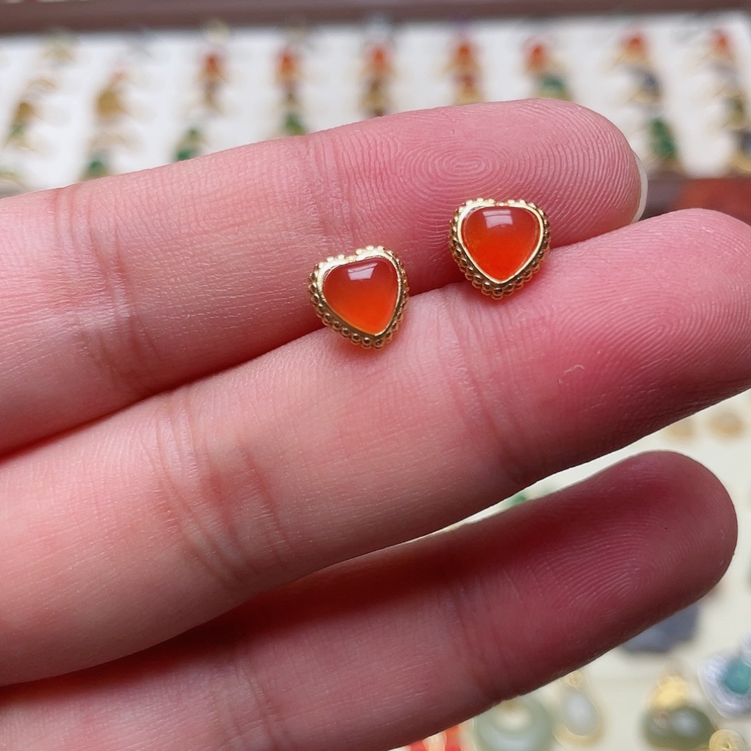 和田玉耳钉银S925镶嵌