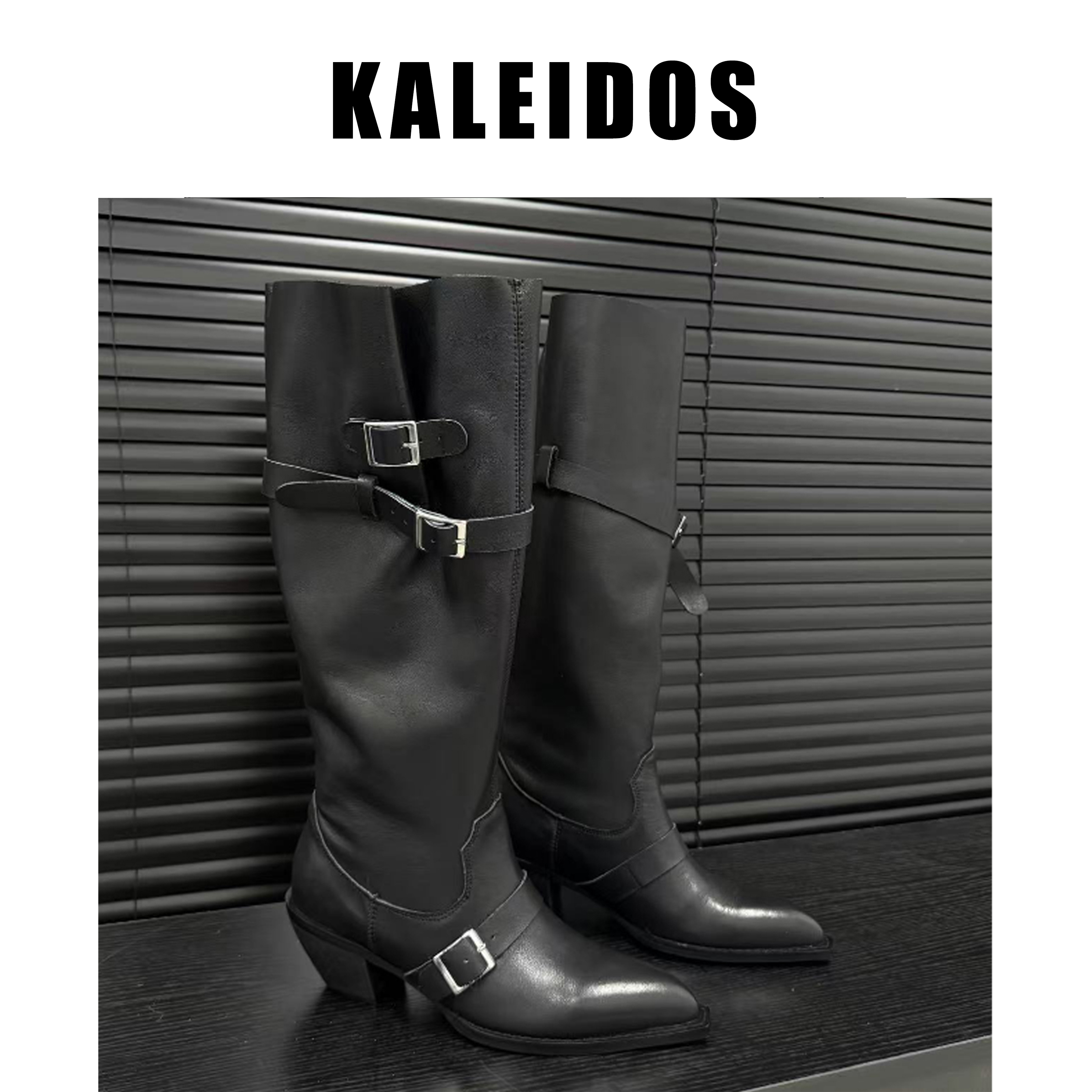 KALEIDOS大筒围褶皱皮带扣粗跟高筒尖头时装靴4.5cm