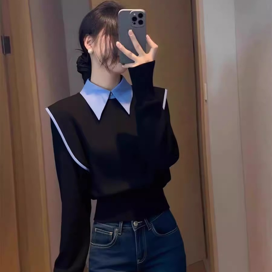 独特别致假两件黑色卫衣女2025冬季气质名媛高端时髦洋气掐腰上衣