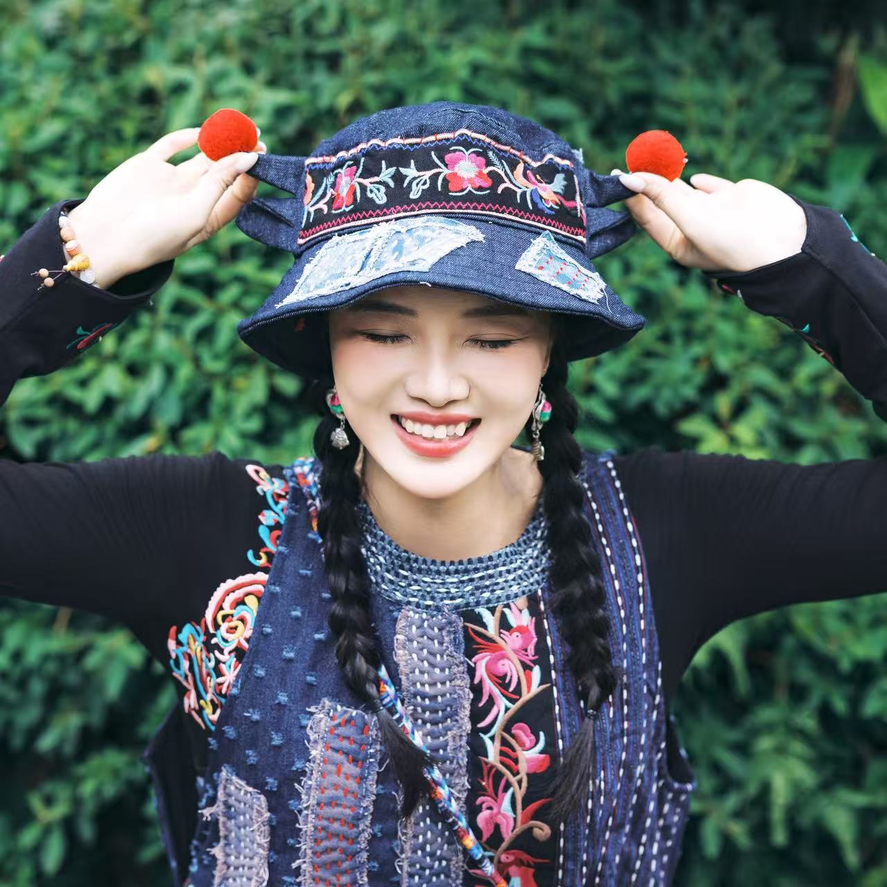 【花铃】民族风圆顶盆帽牛仔重工刺绣网红两戴时尚帽子女士渔夫帽