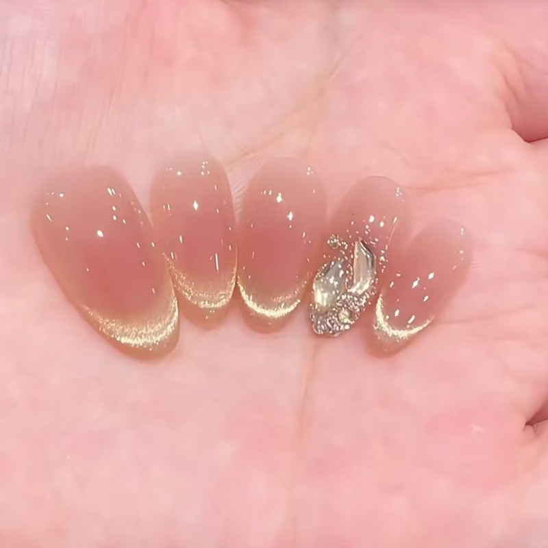 【水润珠珠】纯手工穿戴甲椭圆形简约金秋猫眼跳钻腮红美甲199