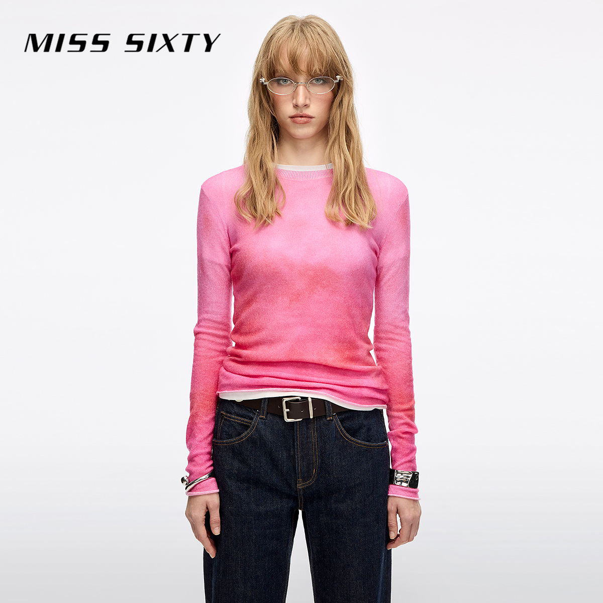 Miss Sixty2026春季新款针织衫女圆领徽标钉饰绵羊毛渐变晕染毛衣