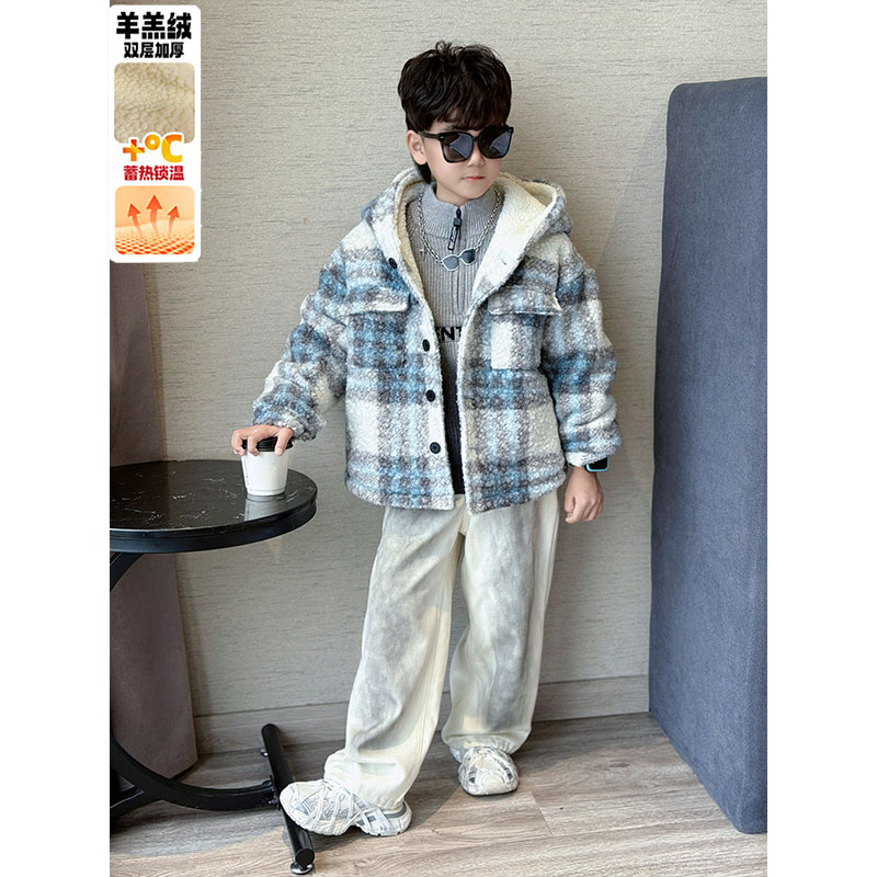 2025冬季新款百搭男童撞色格子连帽毛毛外套中大童休闲简约羊羔绒