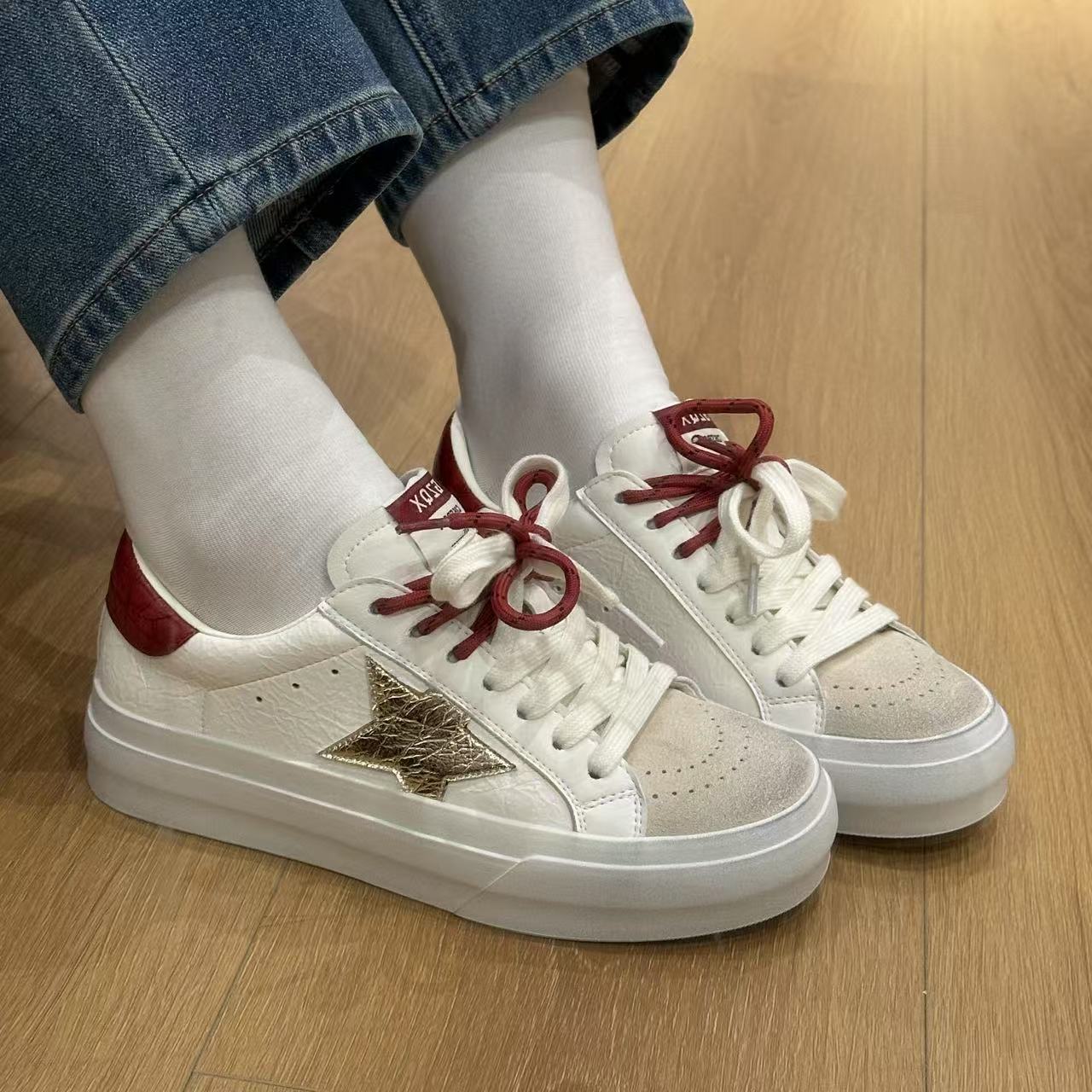 双鞋带五角星磨砂拼接皮面休闲鞋5-2-20