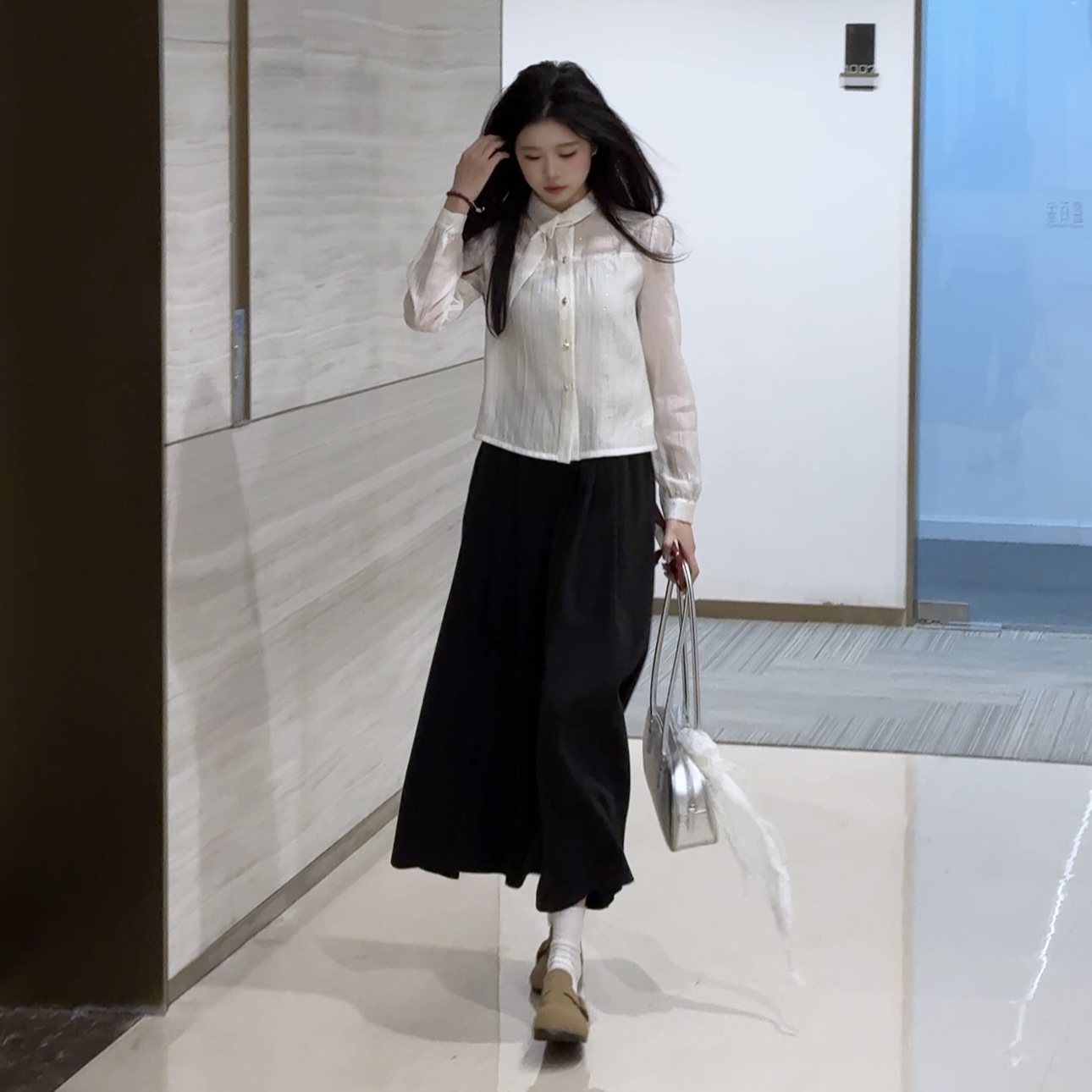 宫廷风蝴蝶结上衣衬衫女春季糯米针织高腰百搭显瘦裙裤两件套