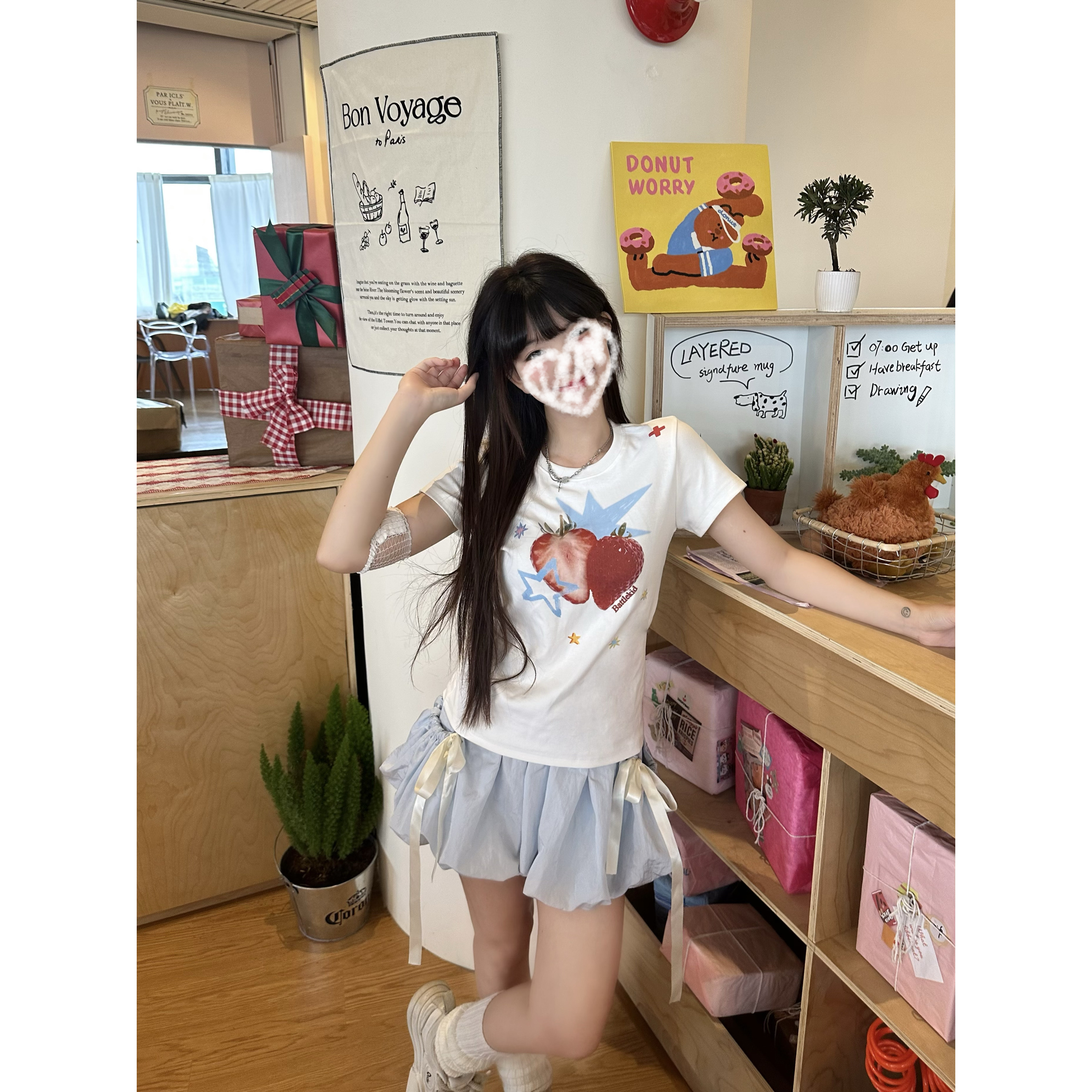 时尚两件套草莓印花短款正肩短袖T恤+花苞短裙1252#