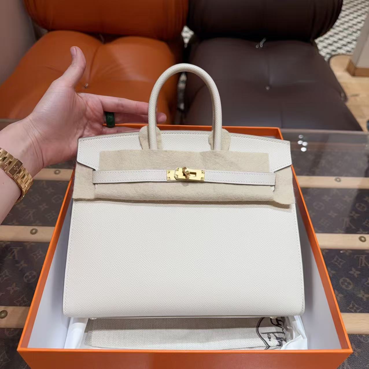 未使用 Hermes/爱马仕 Birkin25 奶昔白金扣 外缝E皮 Y刻  