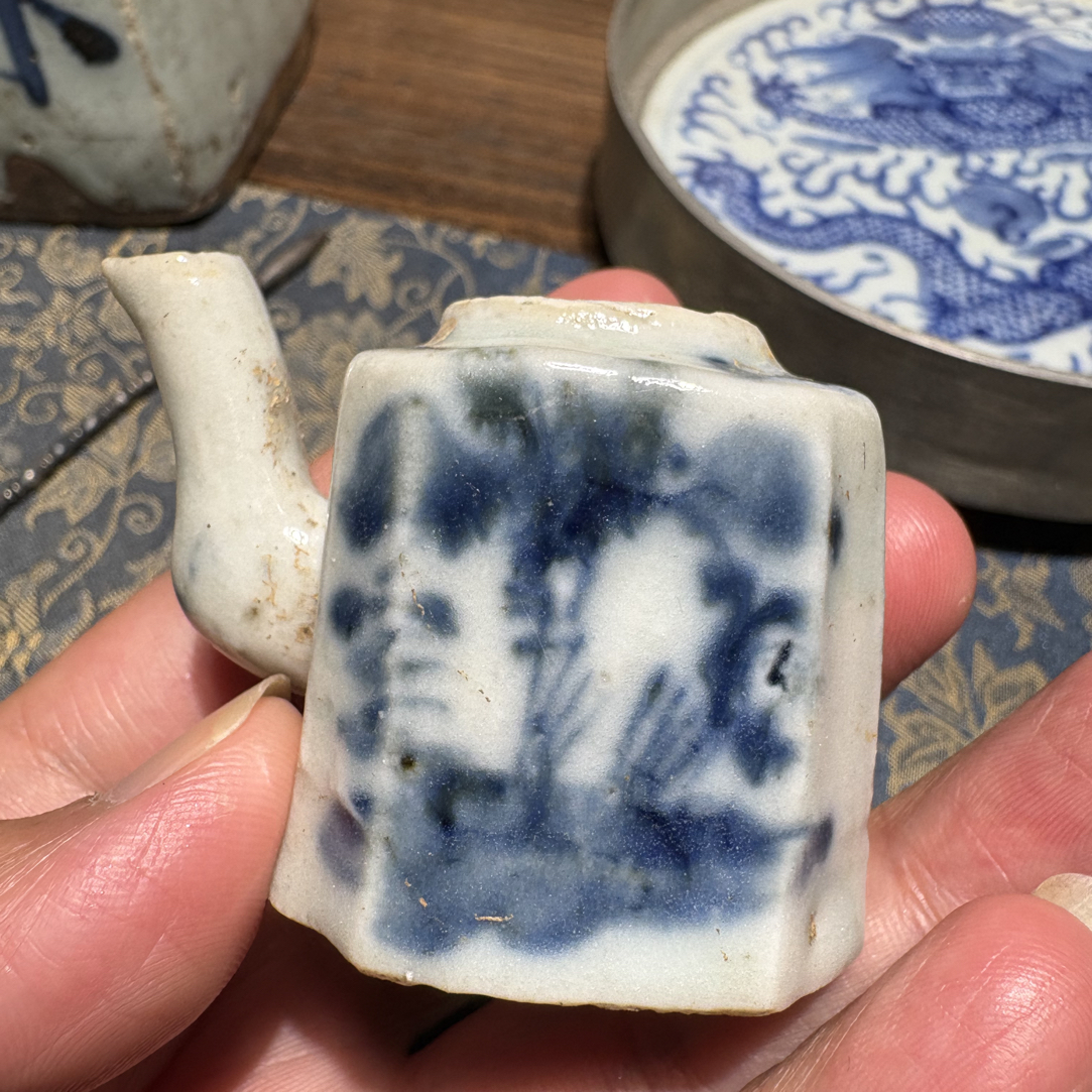 Q青花风景图水滴壶把磕缺口沿有小磕有冲线顺丰包邮