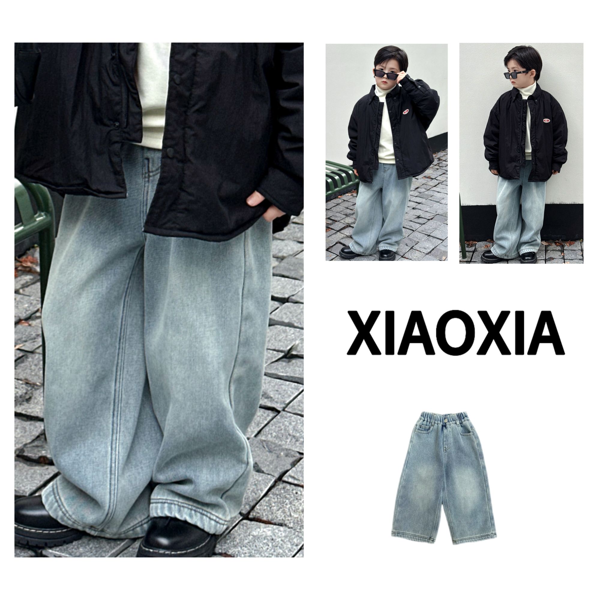 现货XXJ 2216 浅色蔚蓝【净版浅蓝】潮范直筒加绒牛仔裤男童