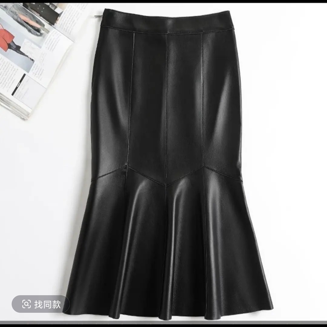 真皮绵羊皮中长款包臀修身鱼尾裙时尚气质显瘦半身裙