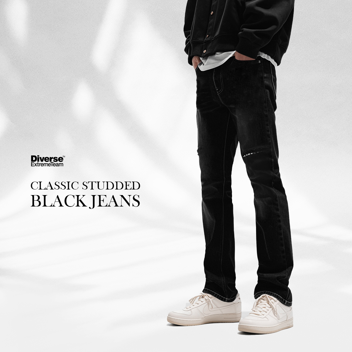 diverse微弹力破洞英伦风高街黑色牛仔裤牛仔裤户外水洗黑色
