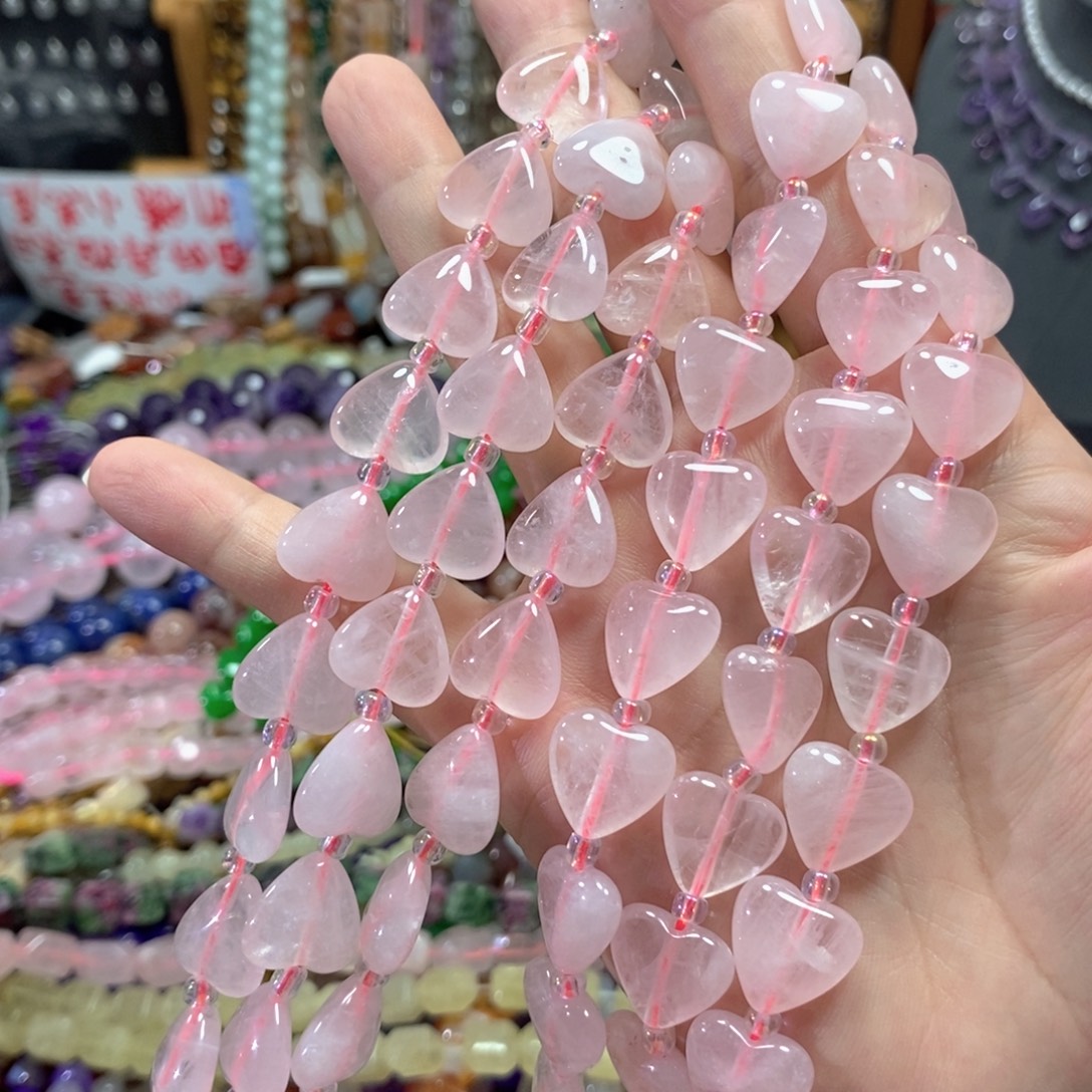 未镶嵌玛瑙/玉髓珠宝半成品粉晶爱心一条卡14mm