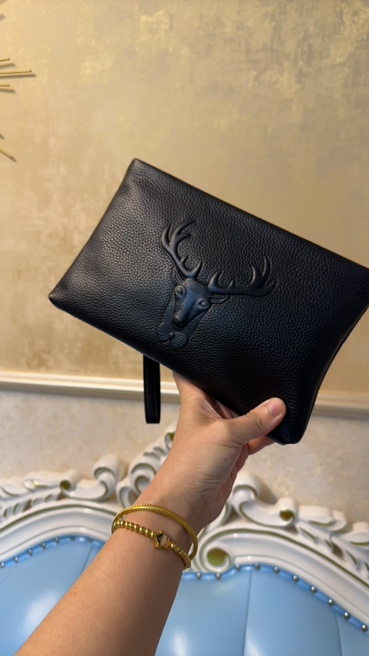 鹿头中号24.15厘米男款牛皮黑色钱夹时尚休闲手拿包手包长款