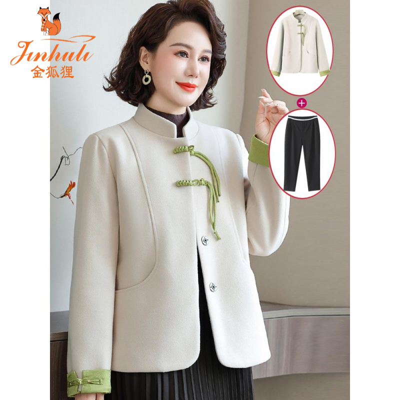 金狐狸时尚妈妈秋装盘扣毛呢外套新中式2024款洋气中老年女装国风