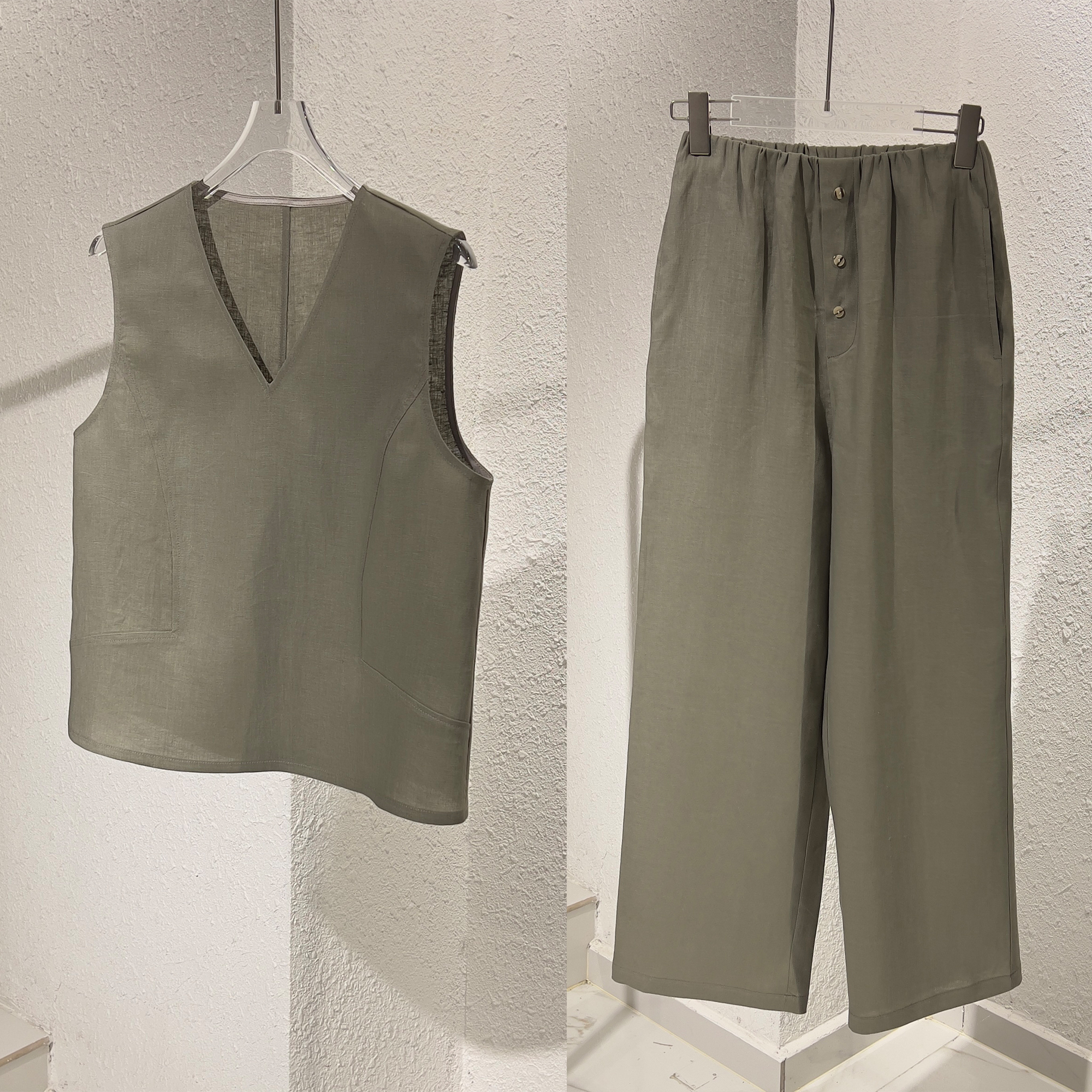 2025年春夏新款亚麻无袖圆领马甲高腰直筒长裤设计感套装气质百搭