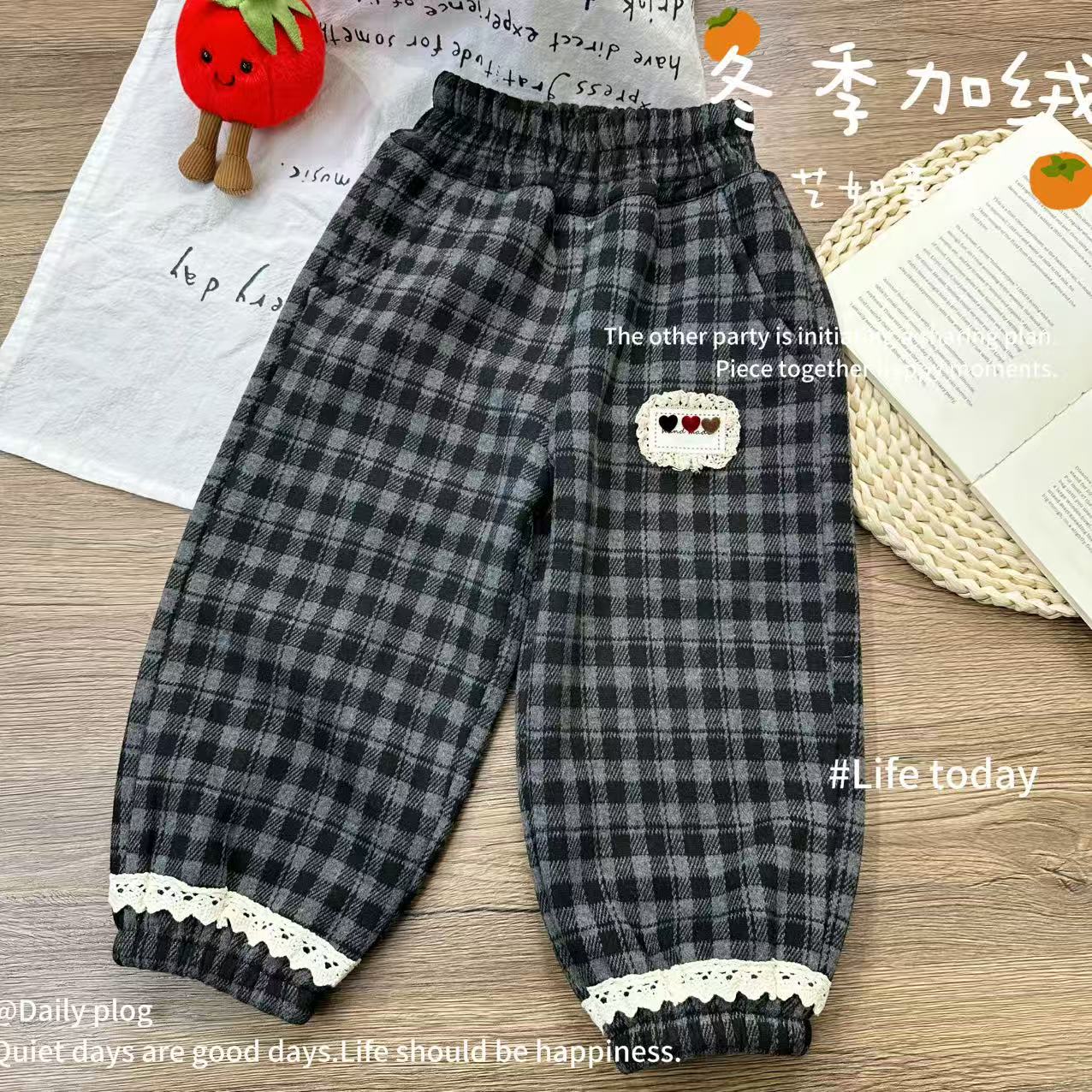 【森系格子】2025冬季上新韩系女童格子爱心百搭加绒束脚裤D-H777