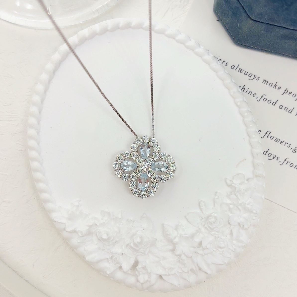 天然海蓝宝石吊坠  四叶草主石3*5mm/4粒  S925银镶  赠925银链