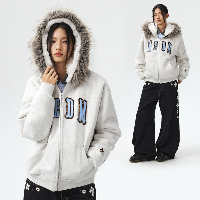 MEDM 贴布座山雕连帽卫衣棉服美式休闲男女保暖毛领棉衣秋冬