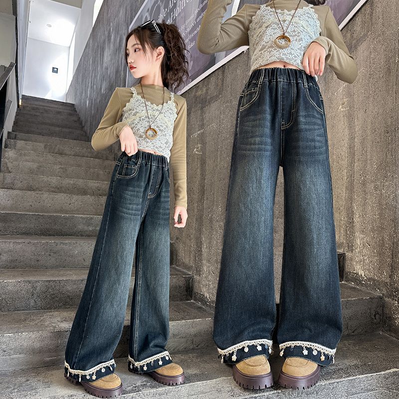 女童裤子春秋款2025新款中大童韩版洋气牛仔裤阔腿裤休闲百搭潮