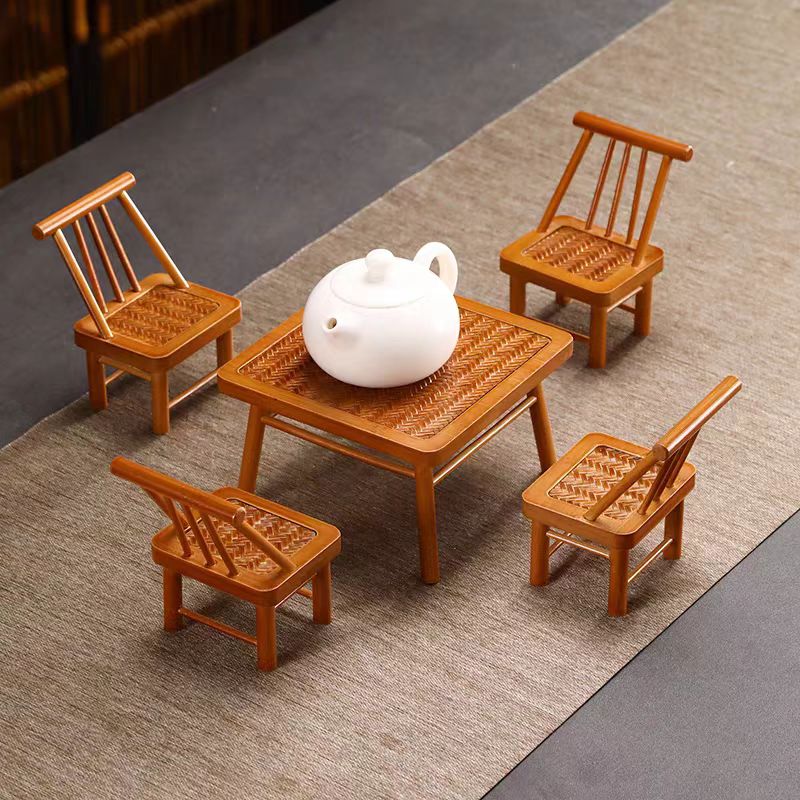 当代 纯手工竹编椅子迷你摆件竹制小桌子干泡台壶承花架盖置创意