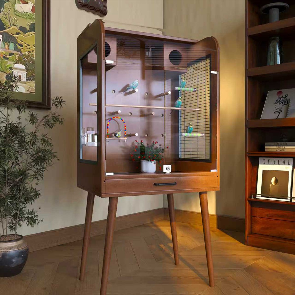 新中式实木大型鸟笼鹦鹉专用玻璃景观笼小太阳金太阳繁殖箱