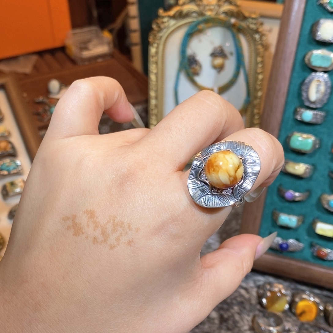 琥珀戒指银S925镶嵌戒指