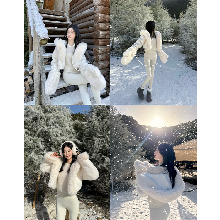 ALIN【芬兰雪境】轻盈仿狐毛环保草草超柔软毛绒连帽外套女AL5PPW17