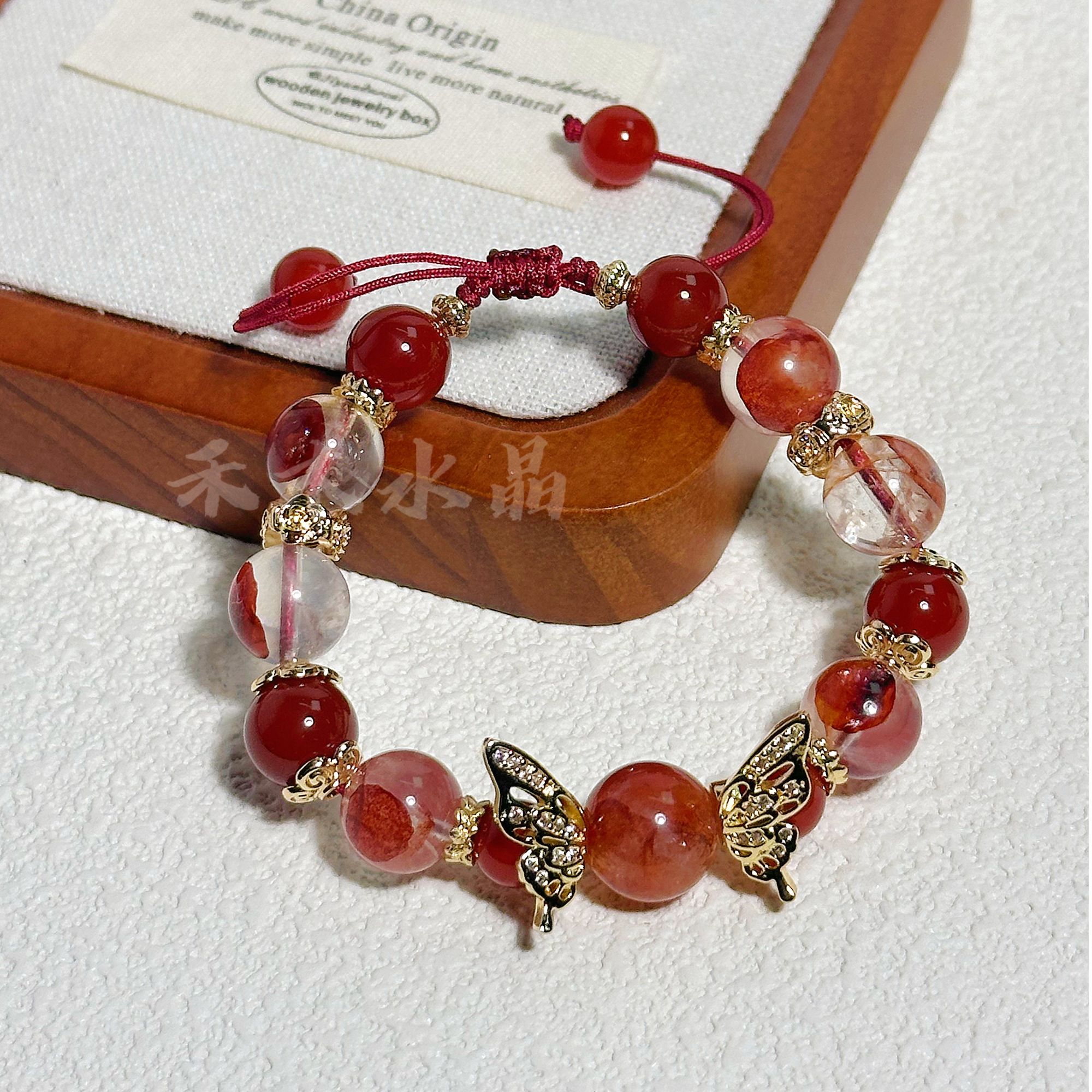 2001-【惊鸿】红胶花天然水晶编绳手串原创设计手绳