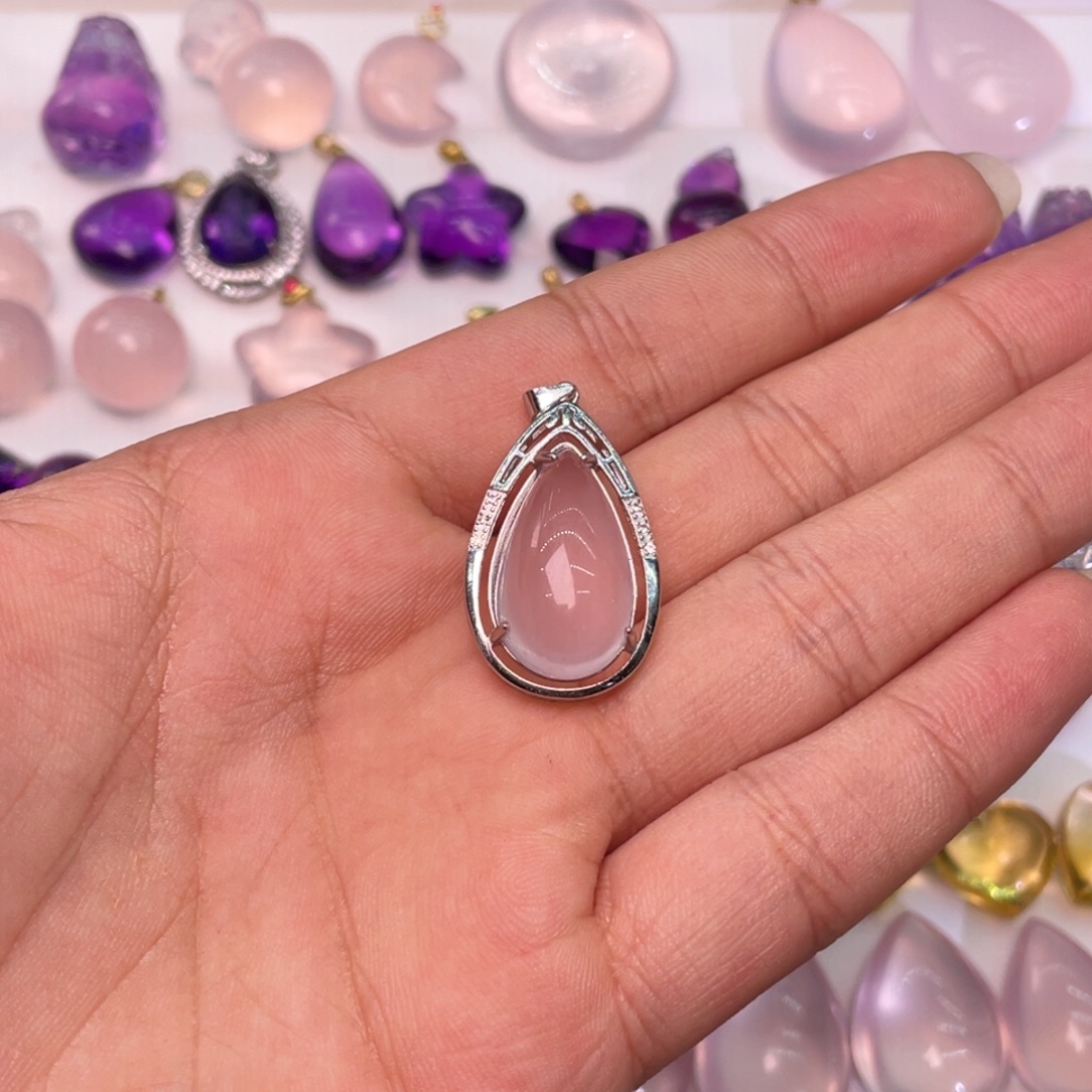 颈饰水晶银S925镶嵌粉水晶吊坠