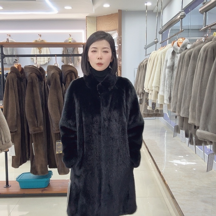 如***意立领长款貂皮大衣外套