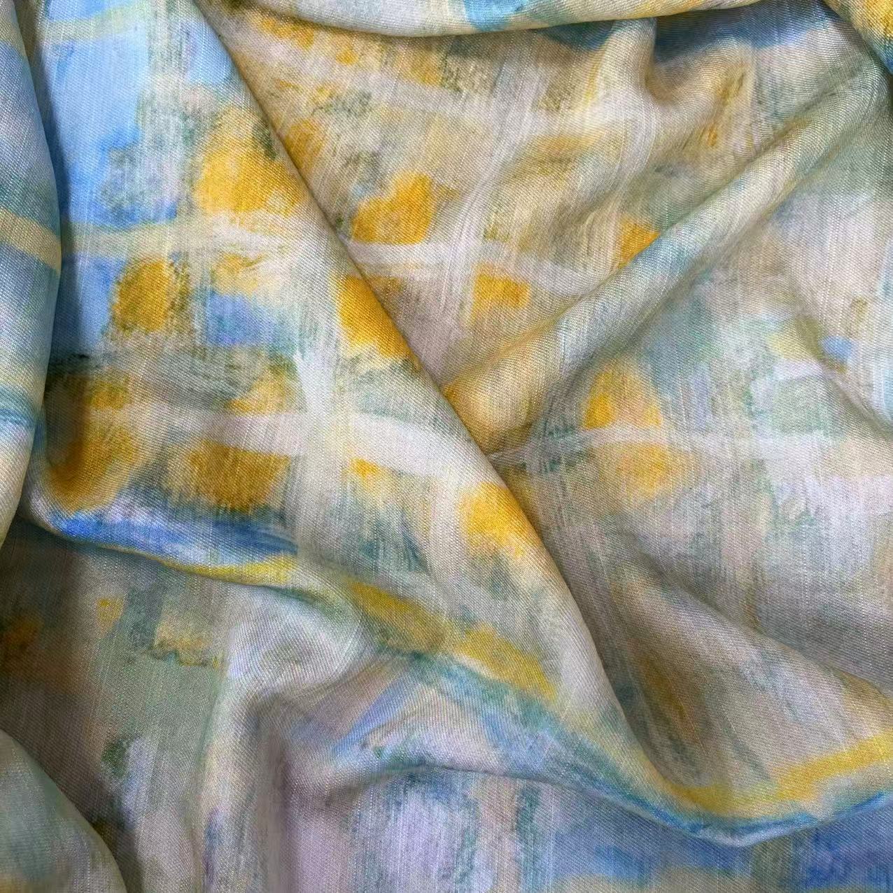 【绒兰】天丝苎麻数码印花面料 266号黄蓝格