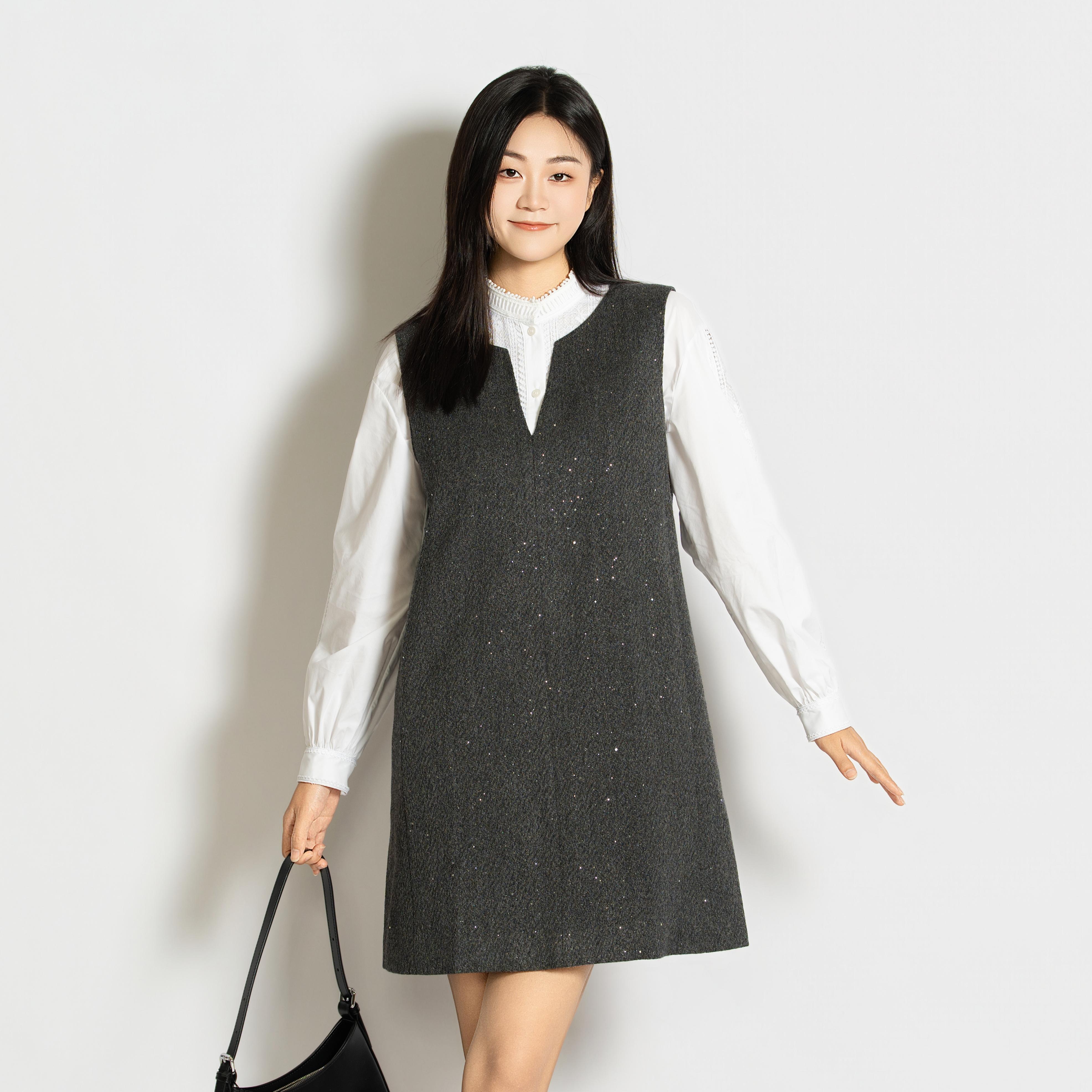 LINGZI/领姿 秋季拼接气质通勤V领女士A字女装连衣裙5101025