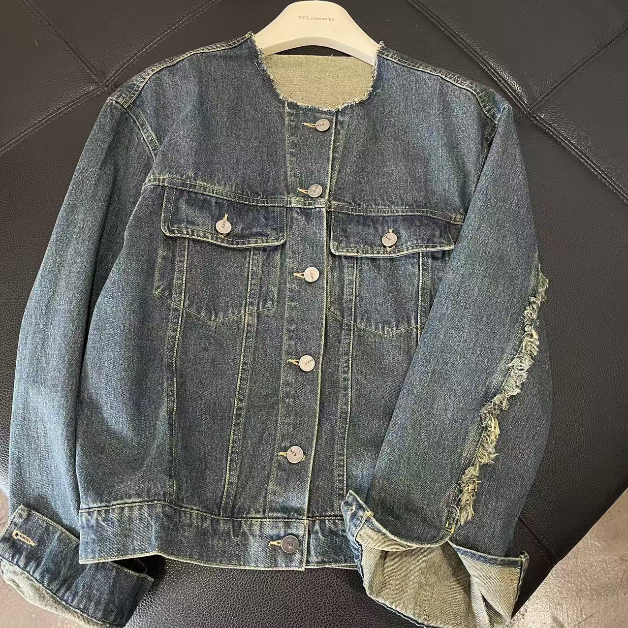 CS641春秋装新款水洗做旧宽松休闲毛边复古蓝牛仔短外套女士