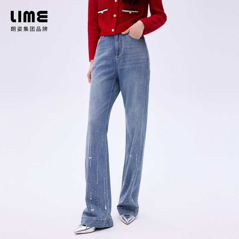 LIME/莱茵【东方灵韵】烫钻微弹直筒牛仔裤浅雾霾蓝色LDHANBDPT801
