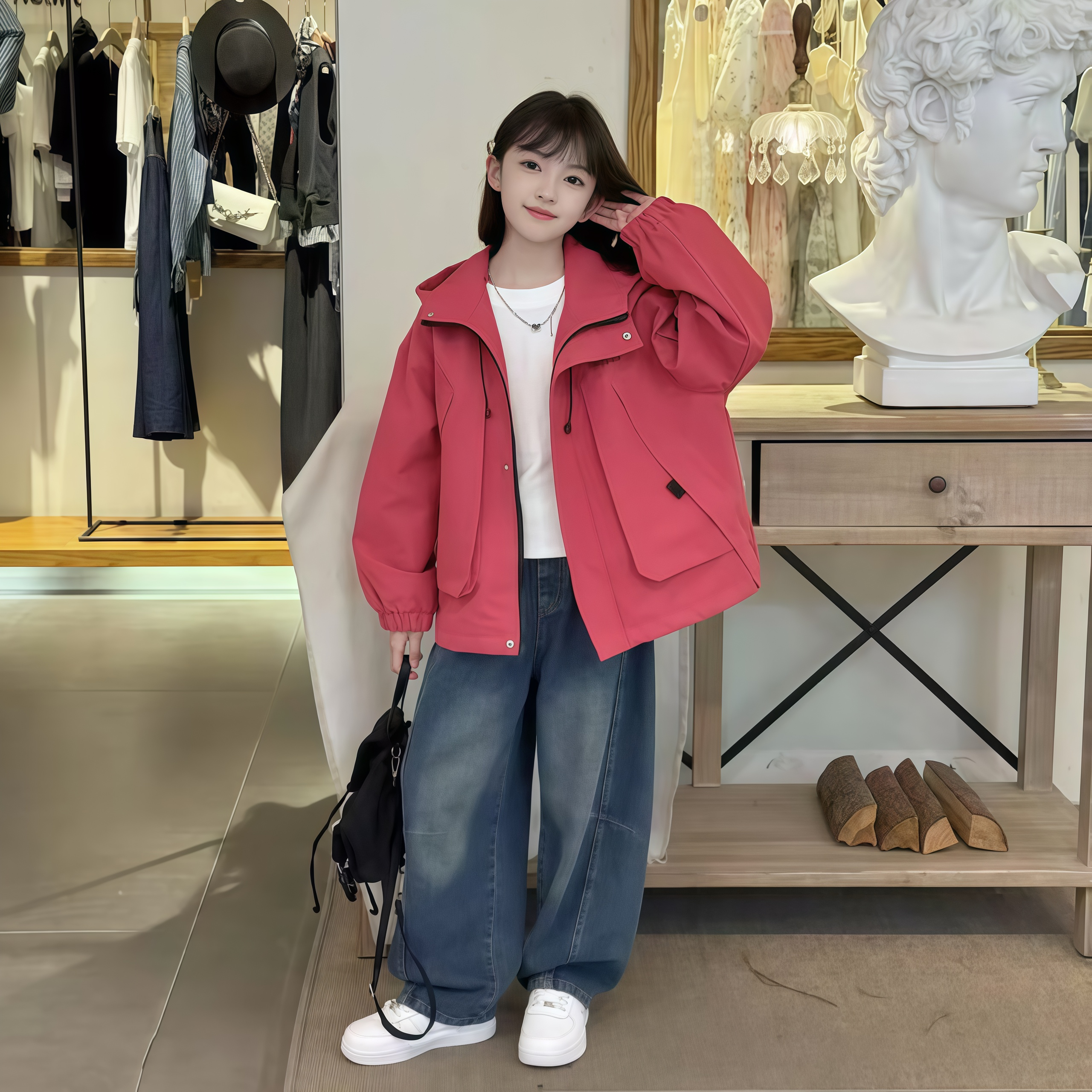 女童亲子装春秋款外套2025新中大童时髦宽松户外冲锋衣休闲夹克潮