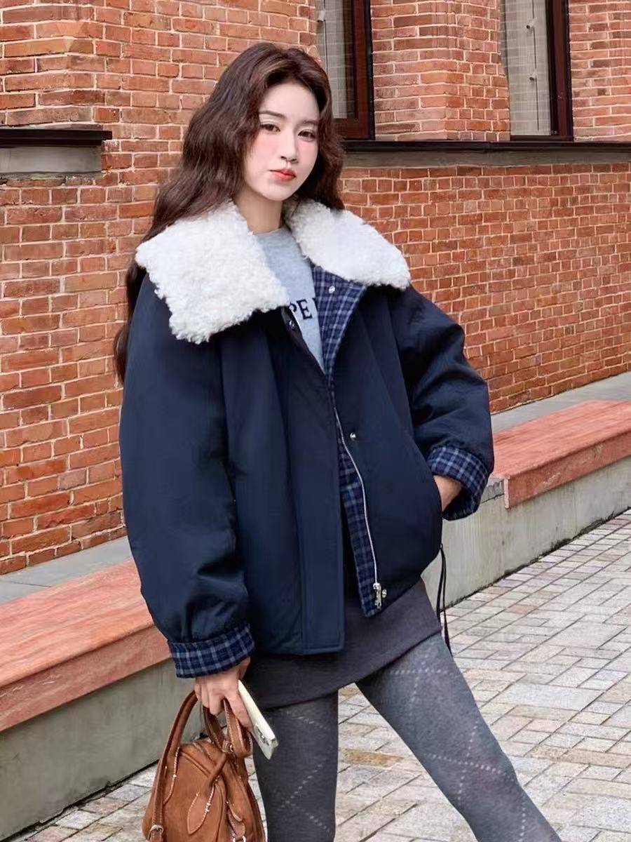 【江油火狐狸】D18238羊羔毛女冬季韩系学院风加绒加厚保暖棉服