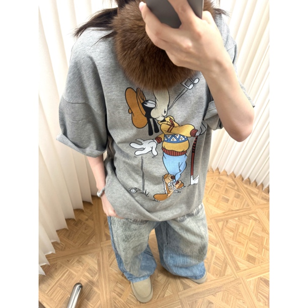 BBCUTE/ 高飞狗狗 印花 复古燕麦灰圆领短袖T恤