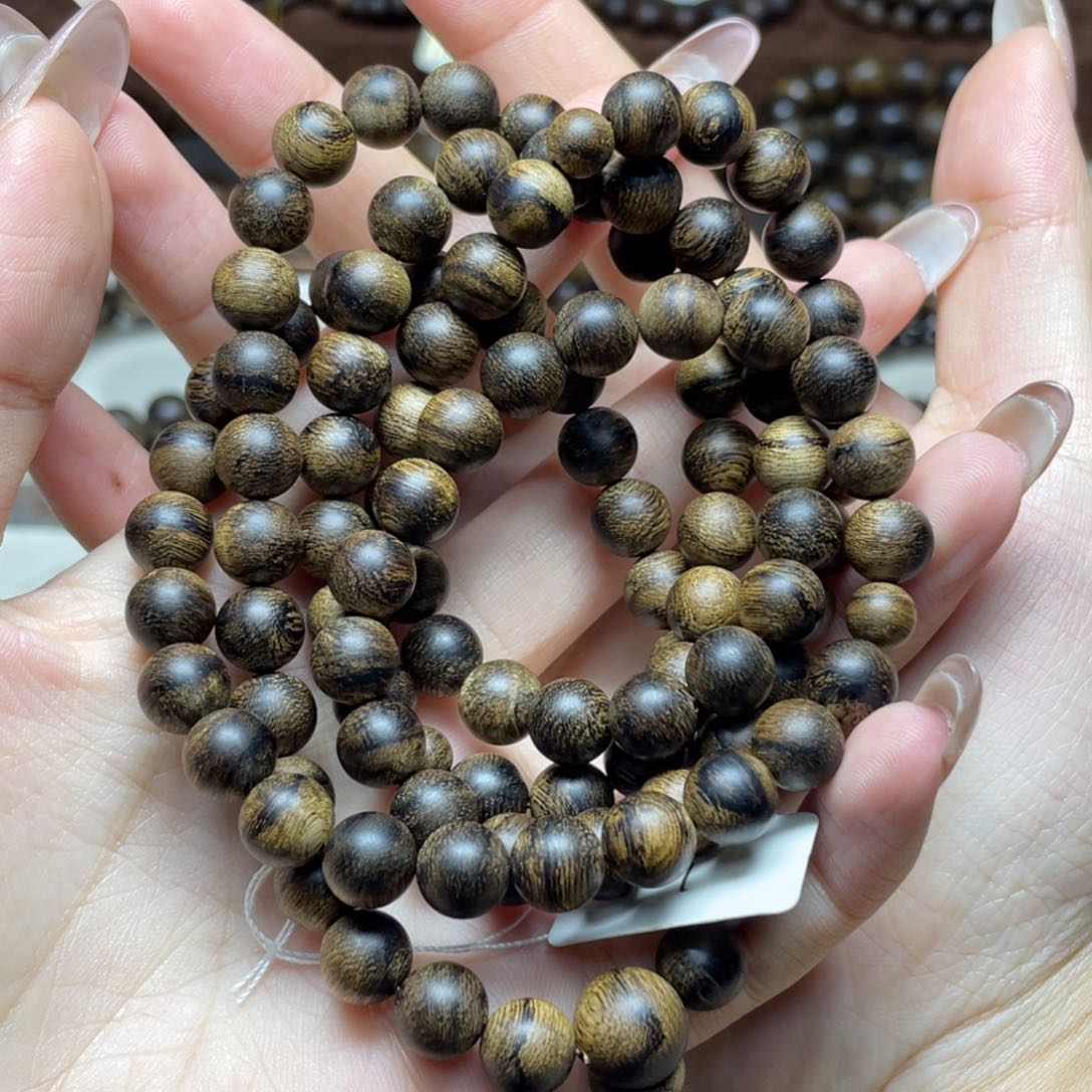 沉香手串修**人越南芽庄白奇楠虎斑纹瘤疤0.8多圈沉水