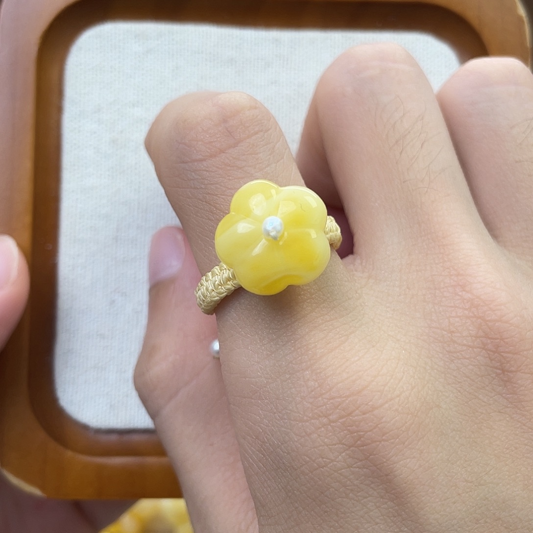 琥珀未镶嵌珠宝奇石花花戒指