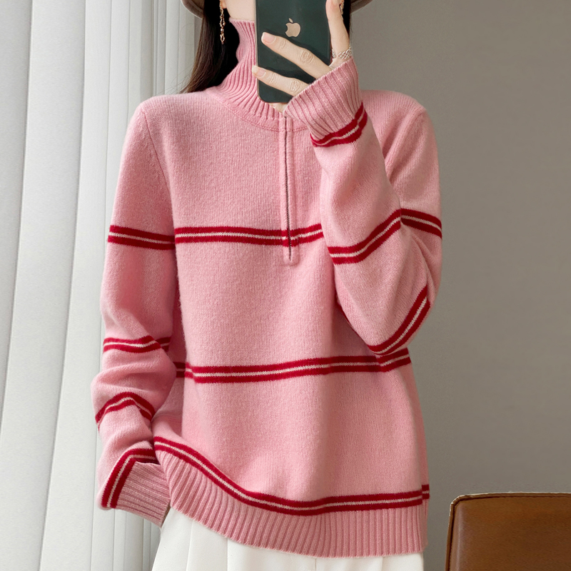 粉色POLO领撞色条纹羊毛衫冬季新款半拉链套头内搭针织衫