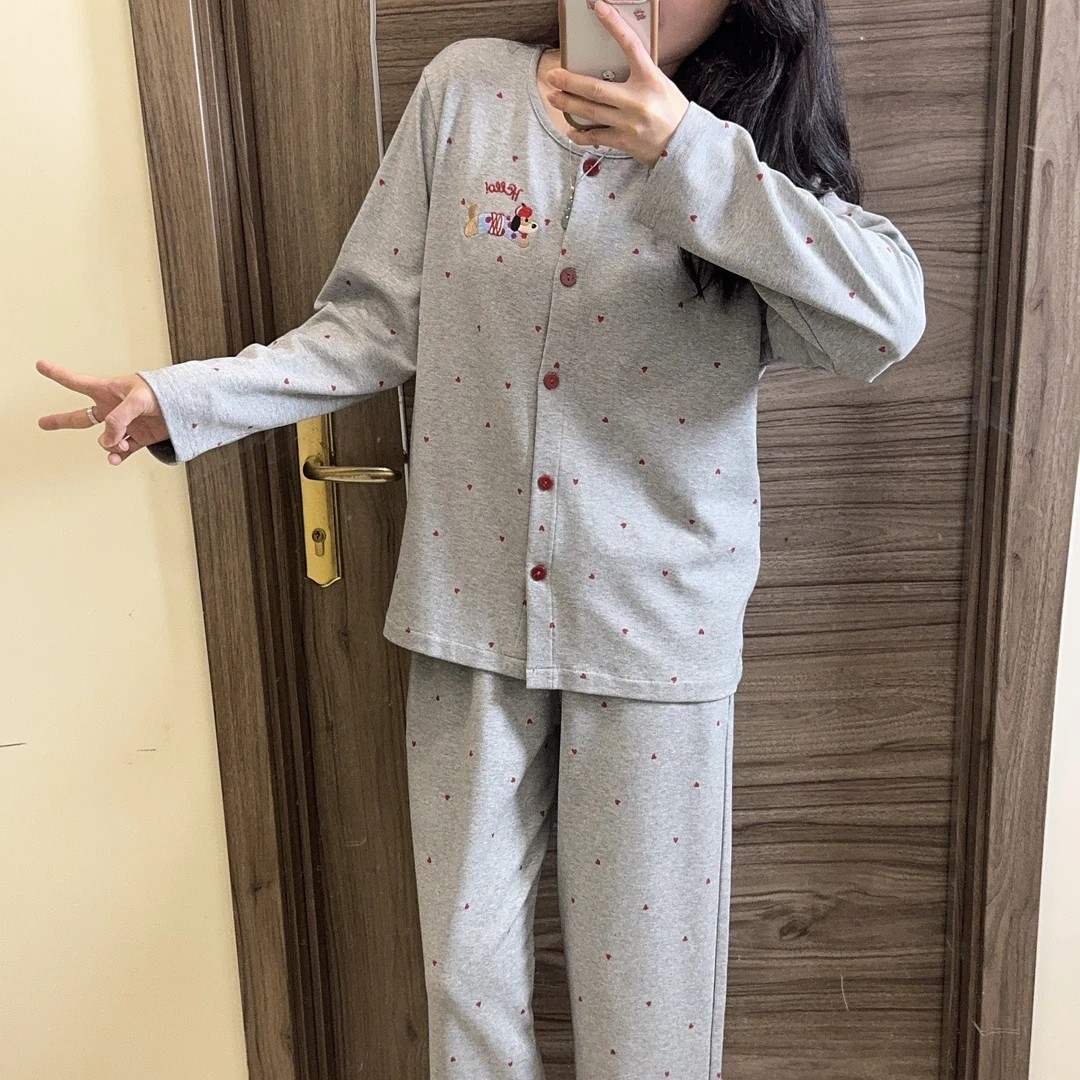 【灰色腊肠狗】秋冬季新款睡衣女纯棉带胸垫开衫睡衣长袖套装圆领