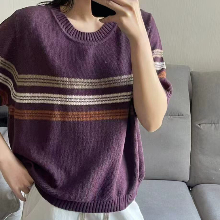 时尚拼色圆领短袖女装针织衫