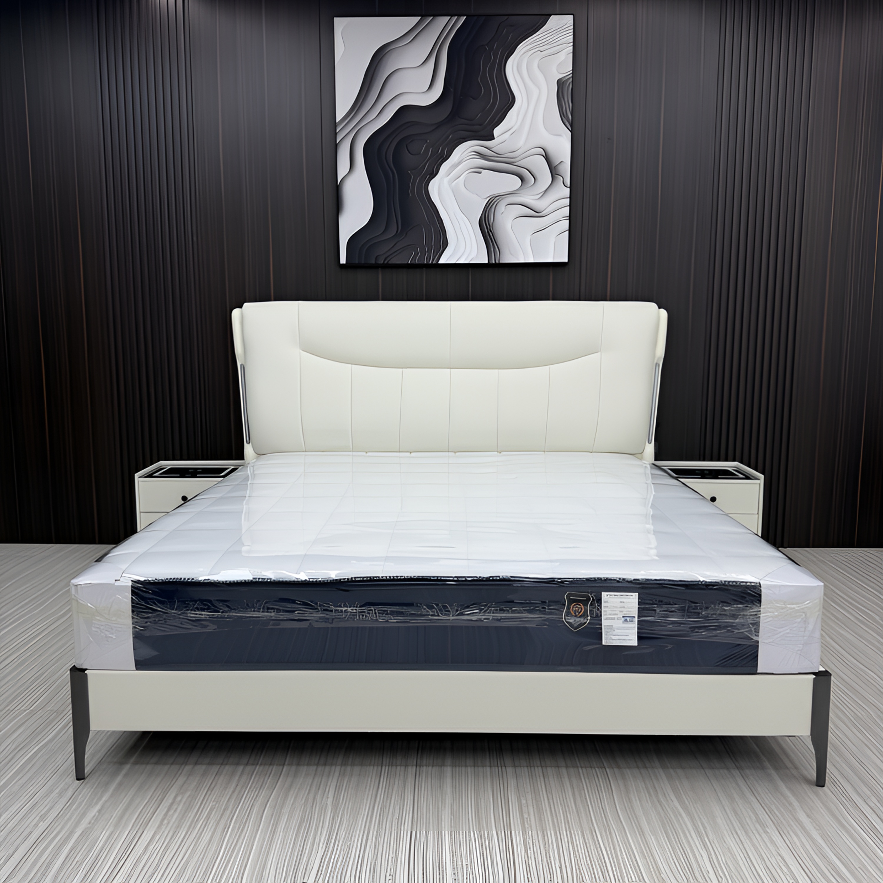 2501#主卧婚床1.8M大床简约轻奢高级皮床黑檀木实木工艺牛皮软床