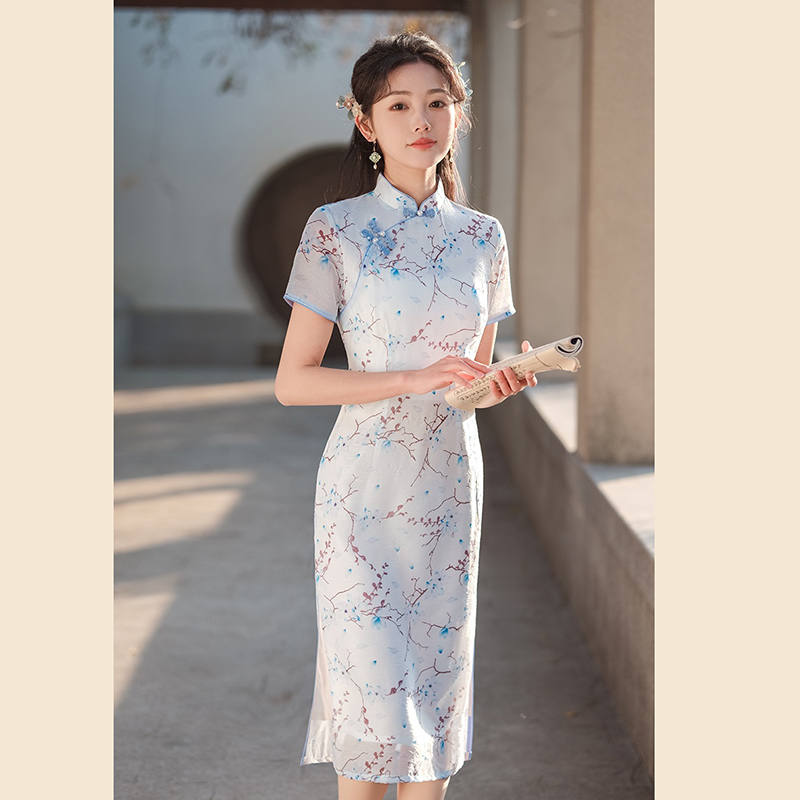 （1722）优雅旗袍短款提花春夏夏季气质修身中式中国风印花显瘦花扣