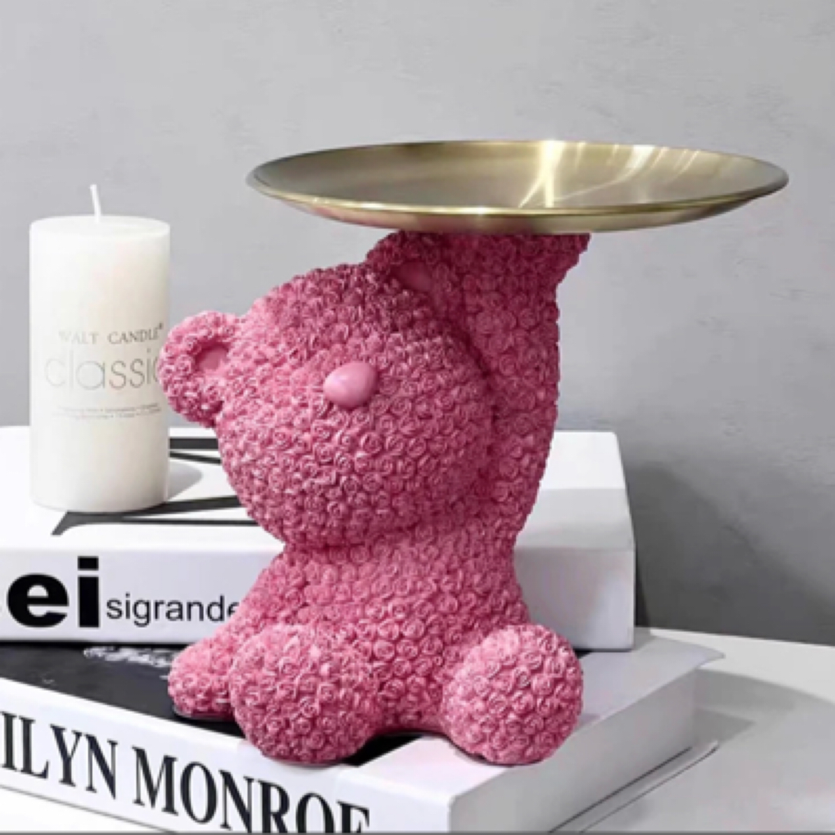 家居桌面摆饰网红小熊托盘客厅桌面装饰收纳盘玫瑰熊家居装饰摆件