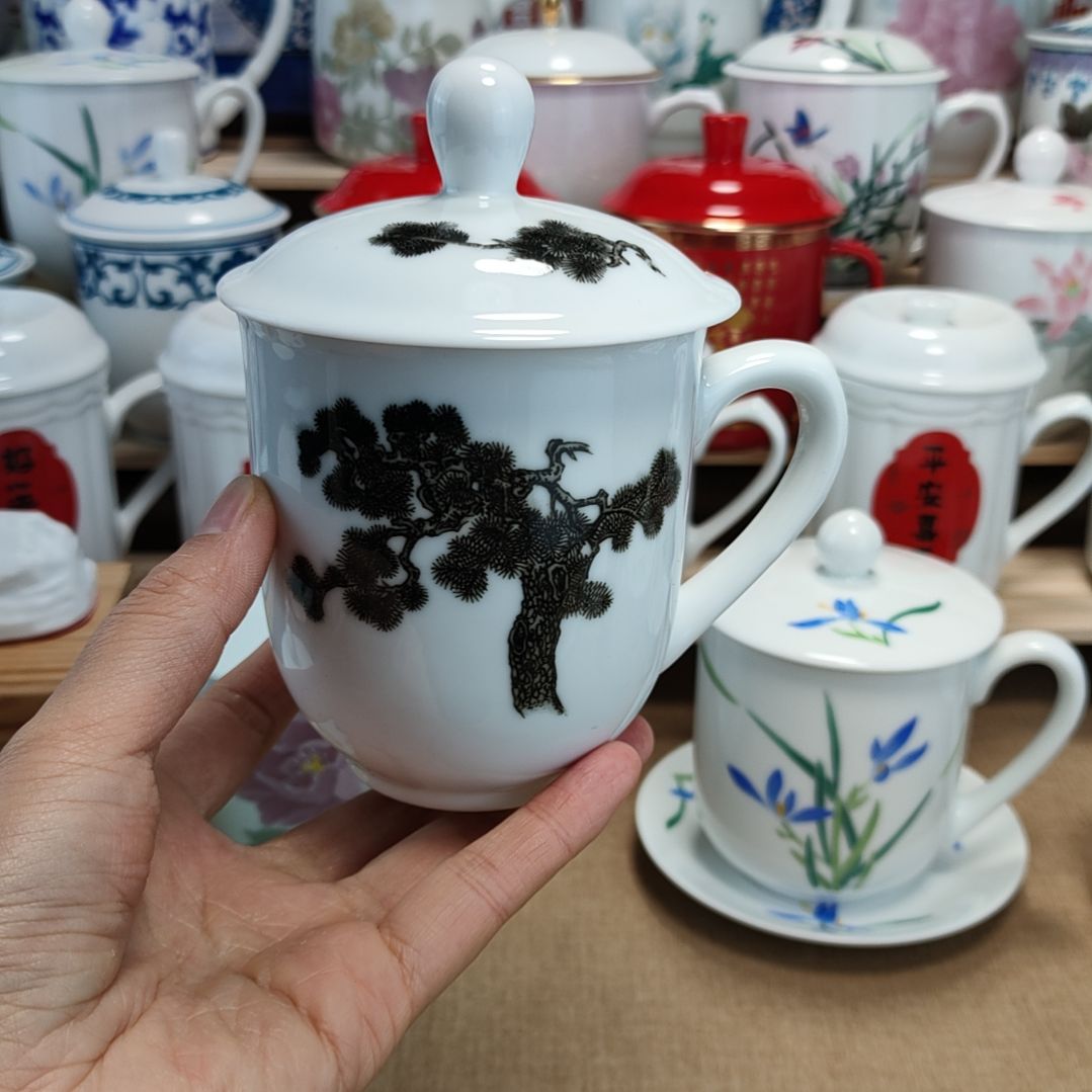 摆件醴陵釉下五彩墨松办公杯300毫升