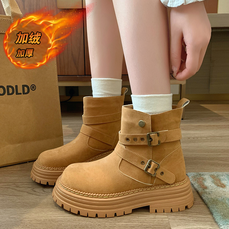加绒马丁靴厚底工装雪地靴百搭气质短靴冬季Y722