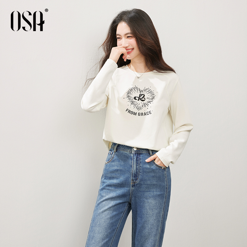 OSA/欧莎 圆领印花T恤女新款慵懒百搭宽松长袖上衣S125C11009